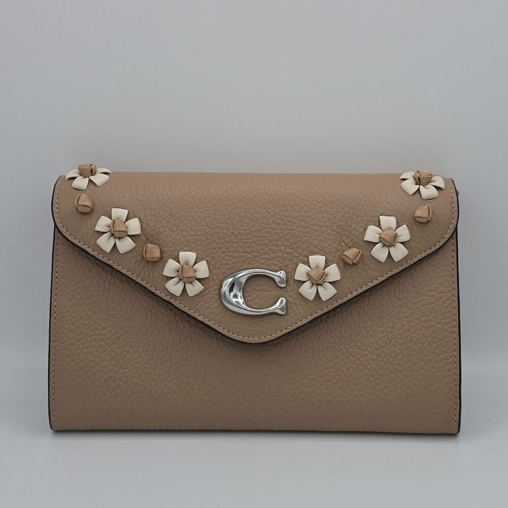 Coach Pebbled Leather Taupe Tammie Crossbody with Ivory Floral Whipstitch